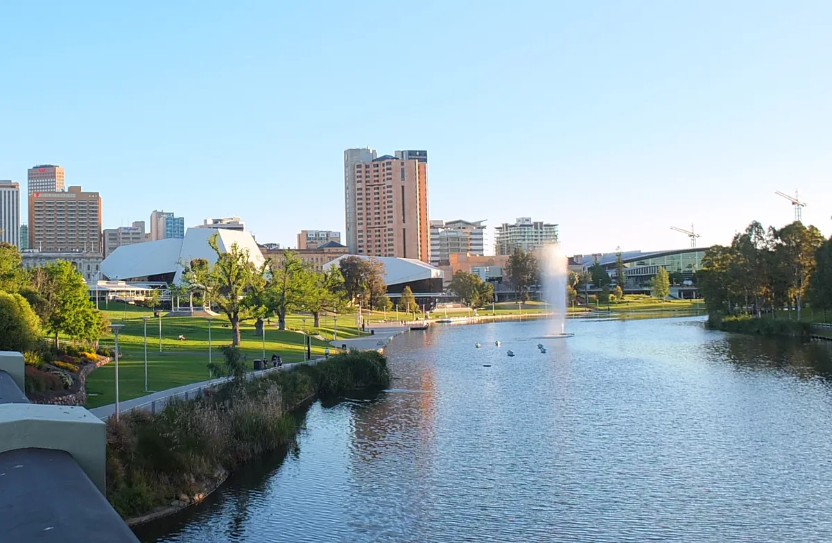 The River Torrens and Elder Park with the Adelaide city skyline in warm late afternoon light